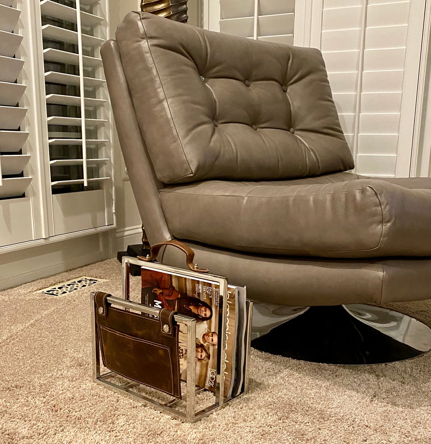 Classic Stainless Steel and Leather File Holder | Magazine Rack (DH8027)